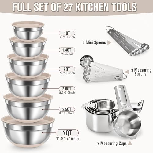 7QT 30PCS Mixing Bowls with Lids Set, 7QT to 1QT Stainless Steel Nesting Bowls with Graters, Non-Slip Silicone Bottom, Large Khaki Bowls & 21 Measuring Cups and Spoons Set Kitchen Appliances - Image 2