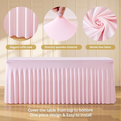 4 Pack Pink Spandex Tablecloths for Rectangle Tables 8 Foot Pink Stretch Table Cloth Rectangle 8ft Elastic Fitted Table Cover with Skirt for Wedding Baby Shower Girl Birthday Party Banquet Buffet - Image 6
