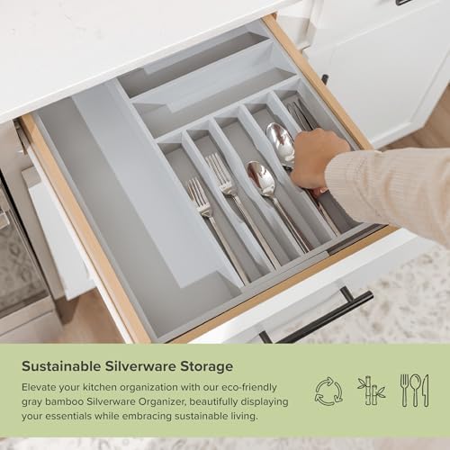KitchenEdge Silverware & Utensil Drawer Organizer, 10.5-19 in, Gray Bamboo | Cutlery, flatware, food-safe contract grade, kitchen drawer fit - Image 5