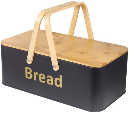 SOTECH Large Bread Box Metal Bread Bin with Bamboo Lid and Handle Portable Outdoor Bread Food Storage Container Modern Bread Box for kitchen Counter Organizer Kitchen Decor (black) by SOTECHLLC