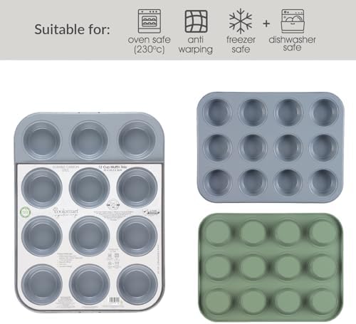 Cooksmart Signature 12 Cup Muffin Tray – Carbon Steel | PFOA-Free Non-Stick | Dishwasher Safe | Elegant Green Finish | Perfect for Muffins & Cupcakes - Image 3