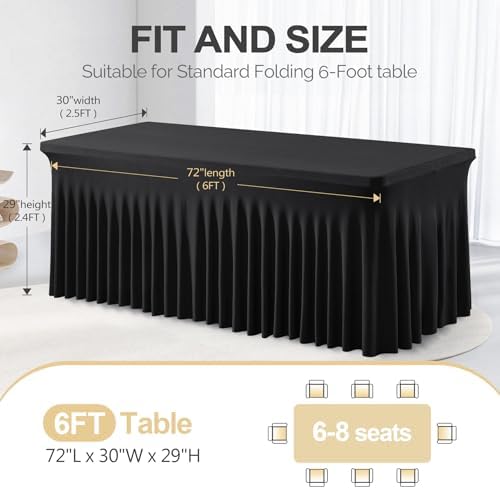 PARTISKY 6 Pack Black Spandex Table Cover with Skirt - 6ft Rectangle One-Piece Stretch Tablecloth for Wedding, Banquet, Birthday Party, Trade Shows & Foldable Tables - Image 4
