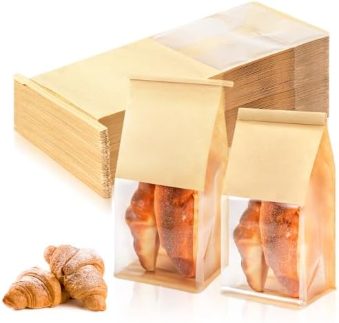 150 Pack Kraft Paper Bakery Bags with Window, 3.9x5.1x11 Inches Tin Tie Tab Lock Resealable Bread Bags for Homemade Cookies, Pastry, Loaf, and Food Packaging Storage by VZZNN