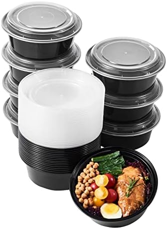 FULING 32 oz 50 ct Round Meal Prep Containers with Lids Plastic Food Storage Lunch Plan To Go Box Disposable Take Out Bowls Black BPA Free Reusable Durable Stackable Microwave Freezer Dishwasher Safe by FULING