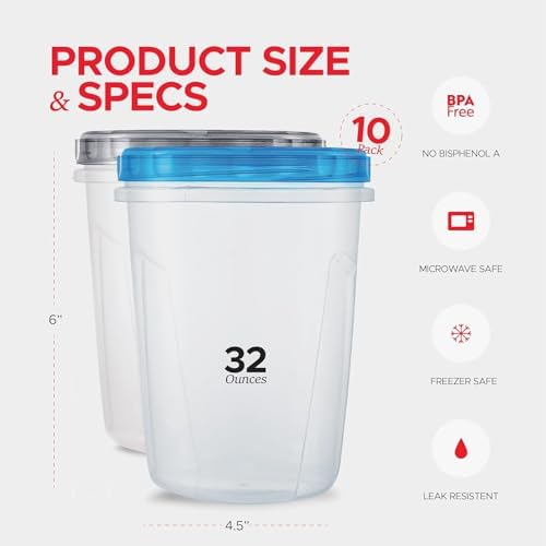 Tafura 10 Pack Leakproof Freezer Containers for Food with Twist Top Lids - 32 Oz -Black/Blue Lids - Image 4