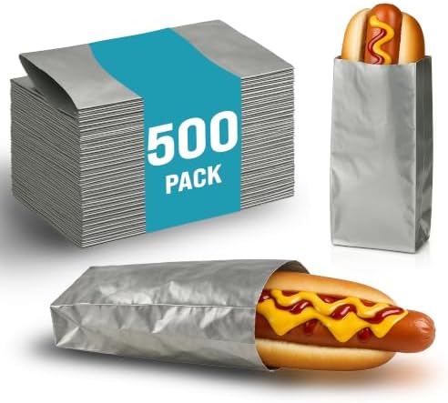 Aluminum Foil Hot Dog Bags, Grease-Resistant, 500 Pack | Hot Dog Wrappers for Chili Dogs, Sausages, Brats, Food Trucks, Concessions, and Takeout by CSEventSupplyCo