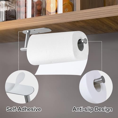 Paper Towel Holder Under Cabinet, 2 Pack Kitchen Paper Towel Holder Wall Mount Self Adhesive Paper Towel Bar Under Counter Hanging Tissue Roll Dispenser for Kitchen Bathroom Organize, Sliver - Image 2