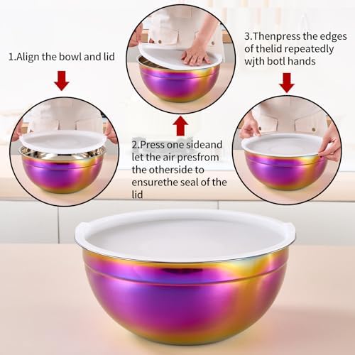 Rainbow Mixing Bowls with Lids Set of 7, Stainless Steel Nesting Bowl with Khaki Lid for Non-slip Mixing Prepping Storing Serving, 7 Sizes-7/3.6/2.7/2.1/1.5/1/0.8 QT - Image 3