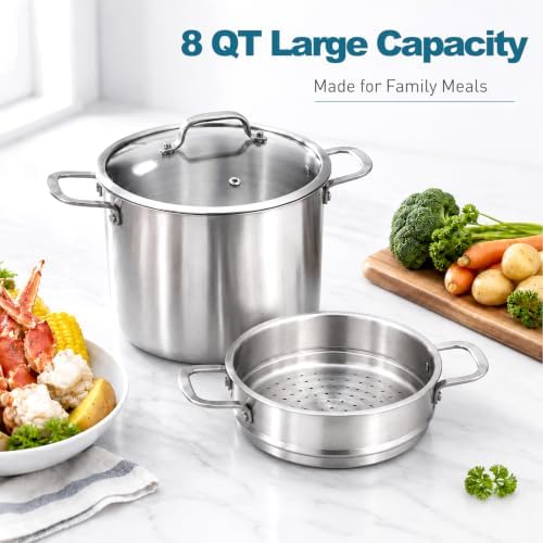 DELARLO 8 Quart Tri-Ply 18/10 Stainless Steel Stock Pot with Steamer - Image 5