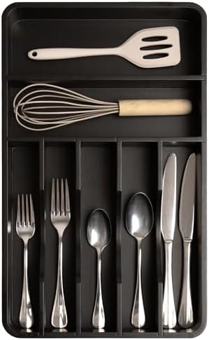 KitchenEdge Silverware & Utensil Organizer, Fixed 10.5 in, Black | Cutlery, flatware holder, rounded corners, 7 compartments, non-slip feet, kitchen drawers by KitchenEdge