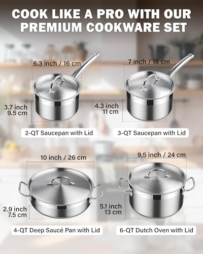 Cooks Standard Professional Cookware Set, Stainless Steel Pots Kitchen Set Includes Saucepans, Sauté Pan, Dutch Oven with Lids - Induction Compatible, 8-Piece - Image 2