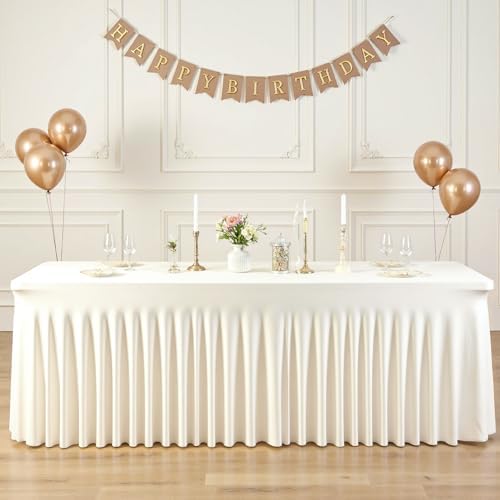 Suppromo 6ft Ivory Spandex Tablecloths for Rectangle Tables Wrinkle Free Ivory Table Cloth Rectangle Stretch Fitted Table Cover with Skirt for Wedding Birthday Party Banquet Baby Shower Buffet Event - Image 2