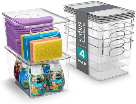 Sorbus Large Clear Plastic Storage Bins with Lids, Clear Stackable Storage Bins, Laundry Room Organizer Bins, Office, Classroom, Playroom, Bathroom, Laundry Room Organization and Storage (4 Pack) by Sorbus