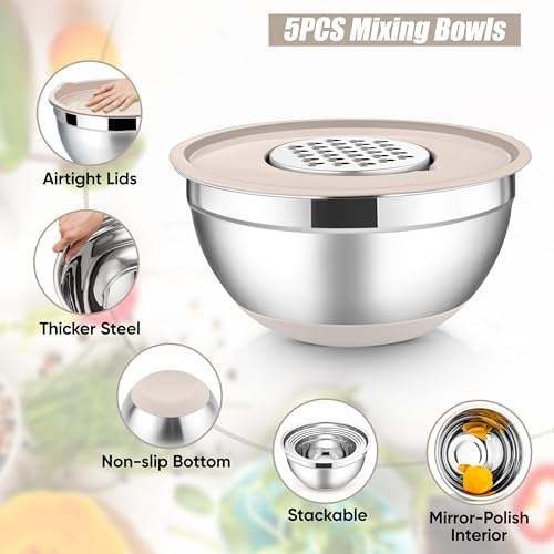 E-far Stainless Steel Mixing Bowls with Lids Set, 5-Piece, Khaki - Image 3