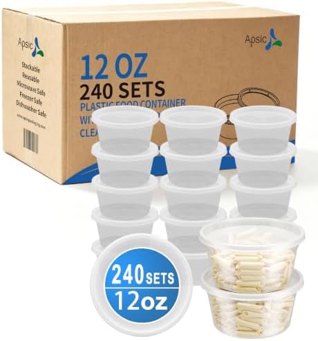 Plastic Deli Containers with Lids, 240 Sets 12 oz Leakproof Soup Cups | BPA-Free| Microwave Freezer Safe| Sturdy and Airtight| Crack-Proof for Takeout, Meal Prep, Slime, Snack, Leftovers Storage by Apsic
