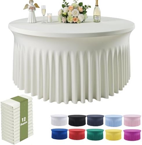 Outpain 12 Pack Spandex Ivory Round Tablecloths for 60in Tables, 120Inch Stretchy Fitted 5FT Round Table Clothes,Wrinkle Free Table Cover with Skirt for Wedding Party Dining Banquet by Outpain
