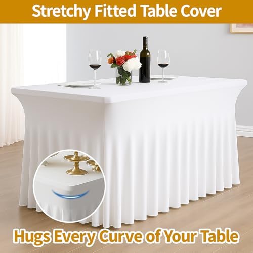 Deep Dream 2 Pack White Spandex Table Covers 6 Foot, Fitted Stretch Tableclothes 30x72 Inch, Wrinkle Free 6FT Fitted Table Clothes with Skirt for Party, Banquet, Wedding and Events - Image 2