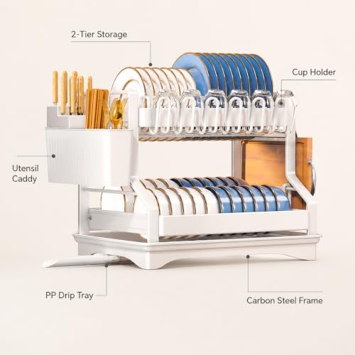 Fandian Dish Drying Rack 2 Tier White Dish Racks for Kitchen Counter and Sink, Large Dish Drying Rack with Drainboard & Utensil Holders Stainless Steel Dish Drainers Kitchen Organization and Storage - Image 2