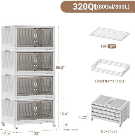 BROVIEW 320Qt Stackable Storage Bins with Lid, Extra Large Closet Organizer Collapsible Drawer Boxes with Wheels, Folding Plastic Cabinet Containers for Home Kitchen Room Organization, 4Pack White - Image 2