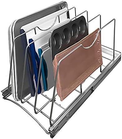 Pull Out Cookie Sheet Organizer, 11" W x 22" D x 11.8" H, Chrome | For Cabinet, Pan and Pot Rack, Cutting Board Organizer Rack, Baking Tray Organizer for Cabinet, Adjustable Divider Width by STORKING