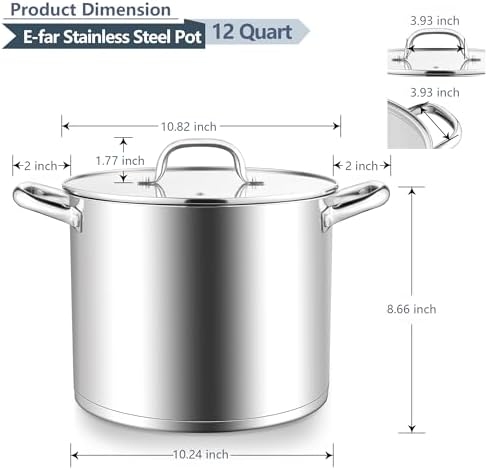 E-far 12 Quart Cooking Stock Pot, Large Stainless Steel Pot for Canning Simmering Stewing, Heavy Duty Cookware with Tri-ply Base for Induction Gas Stoves, Soup Pots with Glass Lid, Dishwasher Safe - Image 2