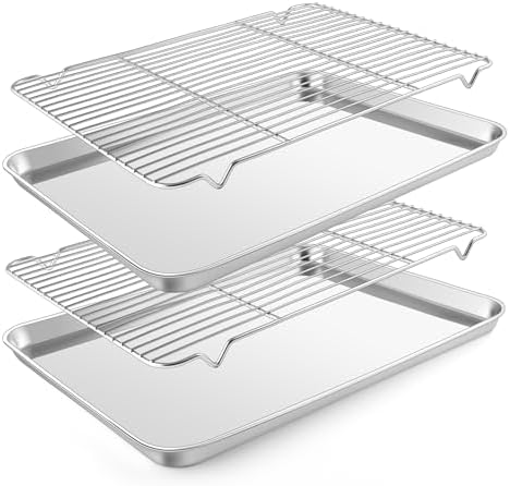 E-far Baking Sheet with Wire Rack (2 Pans + 2 Racks), Large Stainless Steel Cookie Sheets Pan & Cooling Rack for Baking Cookies Cake, Non Toxic & Heavy Duty, Oven & Dishwasher Safe, 18 x 13 x 1 Inch by E-far