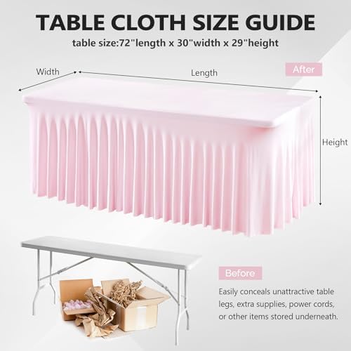 Wish Care 2 Pack Pink Spandex Table Clothes for 6 Foot Rectangle Tables, 6FT Wrinkle Free Fitted Tablecloths Ruffles Design Table Cover for Party, Banquet, Wedding and Events - Image 3