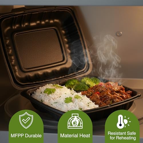 Front Lock MFPP Hinged Food Containers, 9" x 9" Black Vented Clamshell – 3 Compartment Disposable Takeout Boxes, Durable Microwaveable Containers for Restaurants & Food Service – 150 Pack - Image 6