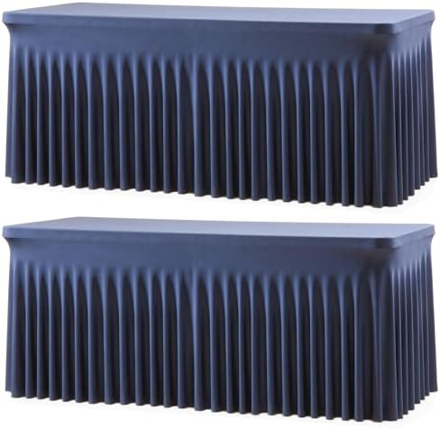 2 Pack Navy Blue Spandex Table Covers & Table Skirt for 6FT Rectangle Tables - Fitted 6 Foot Stretch Fabric Tablecloth with Pleats, Wrinkle Free for Weddings, Parties, Craft Fairs & Folding Tables by HBBMAGIC