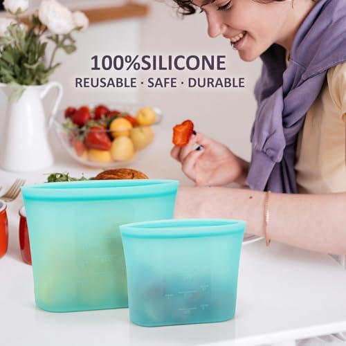 8-Pack Reusable Silicone Food Storage Bags, 100% Silicone Stand-Up Wide-Open Zip-Lock Reusable Storage Bags for Food, Freezer Microwave Oven Dishwasher Safe, Aqua, 4M 2S 2XS - Image 2