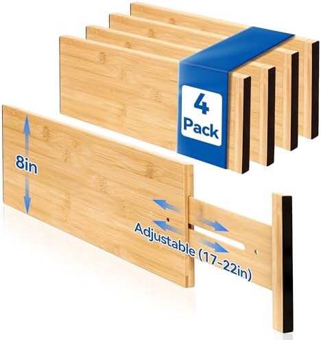 4 Pack 8" Deep Bamboo Drawer Dividers, 17-22" Expandable Kitchen Organizers | Adjustable Spring-Loaded Tension Separators with Foam Pad for Clothes, Utensils, Kitchen, Dresser, Nursery & Bathroom by LeaforyHome
