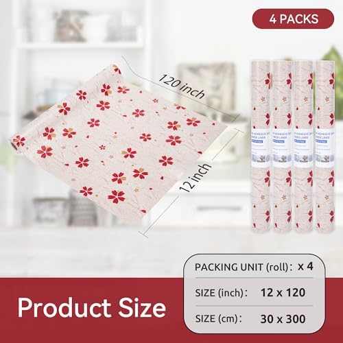 FIFTY FEET 12"x120" Non-Adhesive Shelf Liner for Kitchen Cabinets and Drawers, Washable Non-Slip PVC Cabinet Liner (Red Floral)(4 Roll) - Image 5