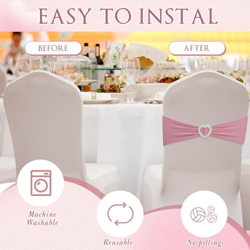 Colingmill 150 Pcs Spandex Chair Sashes Heart Buckle Elastic,Dusty Pink - Image 5