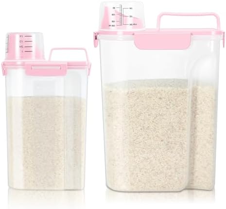 TBMax 2 Pack Airtight Rice Container 5 Lbs +10 Lbs, Cereal Container Oatmeal Storage with Easy-pouring Spout & Handy Cup for Flour Grain Beans, Pet Dog Cat Bird Food Storage Dispenser -Pink by TBMax