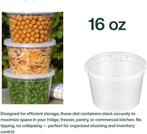 Reusable Plastic BPA-Free Food Storage Deli Container Leak‑Proof | 16oz, 60 set, Heavy Duty, Microwave, Freezer & Dishwasher Safe, Stackable - Image 6