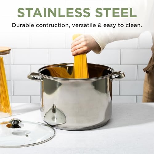 Ecolution Pure Intentions Stock Pot - Features Tempered Glass Lid, Stay-Cool Handles, and Encapsulated Bottom - Oven Safe - Curbside Recyclable Stainless Steel - 12 Quarts - Image 3
