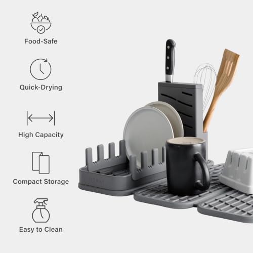 Dorai Home Collapsible Dish Drying Rack with Stone Dish Pad - Kitchen Counter Set with Diatomaceous Earth Stone Dish Mat for Quick Drying - Space-Saving Design - Original 19.9"x15.2", Slate - Image 3