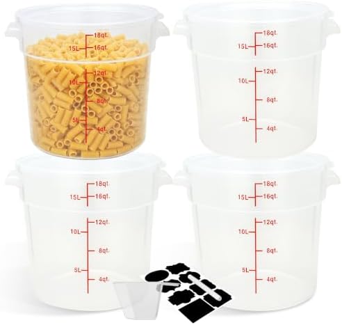 BIEAMA 4 Pack 18 Qt Round Food Storage Containers with Lids, Translucent PP | Include lids, labels, measuring cups and containers with capacity markings for food prep, pantry storage and dough proofing. by BIEAMA