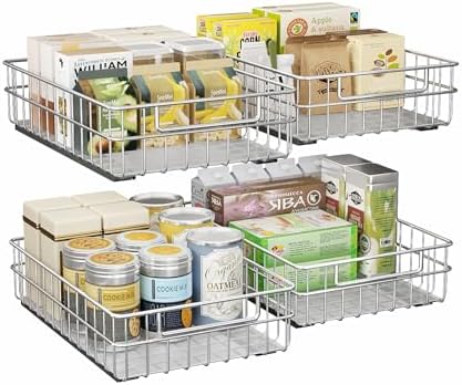 Pull out Cabinet Organizer, Stainless Steel 4-Pack Slide out Drawer with Silent Full-Extension Slides, Adhesive Roll out Can Spice Storage Basket Shelf Rack for Pantry, Kitchen, Bathroom, Home Closet by Kitstorack