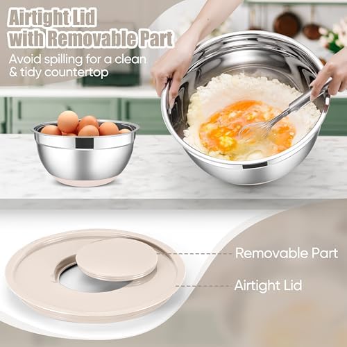 E-far Stainless Steel Mixing Bowls with Lids Set, 5-Piece, Khaki - Image 6