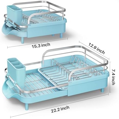 SAYZH Expandable Dish Drying Rack for Small Kitchen Counter, Blue - Image 2