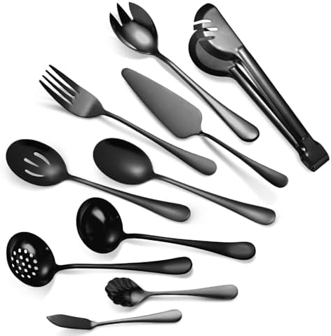 Black Serving Utensils Set 10-Piece Stainless Steel Kitchen Catering Flatware include Catering Tong Big Spoons and Ladles Servers Large Fork Spatula Ideal for Home and Restaurant Use by A%C2%B7HOUSEWARE