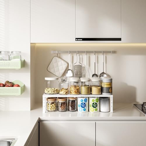 Expandable,Adjustable & Stackable Spice Rack, Cabinet Kitchen Countertop Shelf Organizer,Metal Pantry Storage Shelves - Space-Saving Storage Solution(1Pack/White/Large) - Image 2