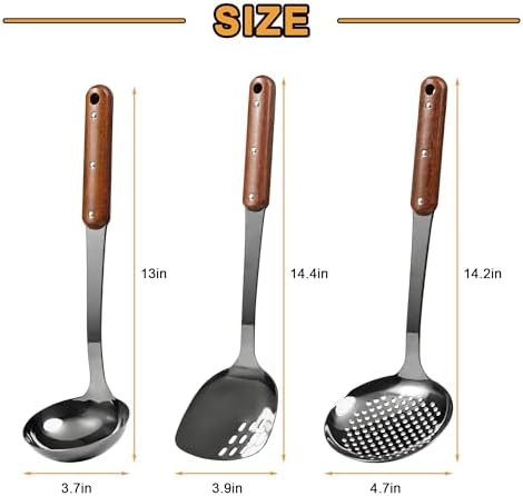 FJNATINH Stainless Steel Wok Spatula,Ladle,Skimmer Ladle Tool Set,Mirror Polished Cooking Utensils with Wooden Handle,Easy to Clean Wok Accessories,Black 3 PCS - Image 3