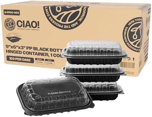 CIAO! 9"x6"x3" Polypropylene Black bottom with Clear Lid Hinged Container 1 Compartment Take Out Container, Microwavable, Recyclable and Reusable, (Case of 150) by Ciao