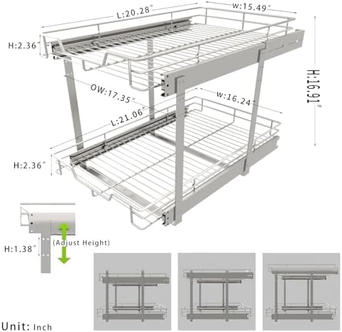 EZKAZA Pull Out Cabinet Organizer 17.5" W x 21" D, 2-Tier Kitchen Cabinet Pullout Shelf and Drawer Organizer Slide Out Pantry Storage Basket, 16.2" W x 21" D x 2.4" H for Bottom Basket Size - Image 3