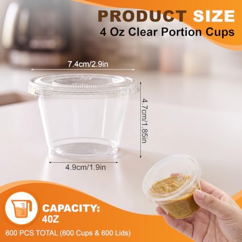 Maxdot 600 Pack 4 oz Containers with Lids Plastic Portion Cups Bulk Mini Disposable Souffle Container Cup Sauce Condiment Leak Proof Shot Lunch Small Portion Box Travel Party Dinner Sauce Salad - Image 2