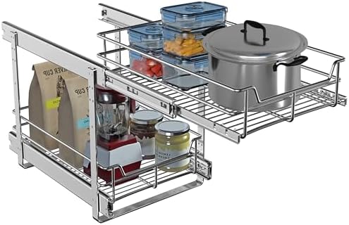 JOWBOOW 2-Tier Cabinet Pull Out Shelves, 11" W x 22" D, Chrome | Heavy-Gauge Wire Kitchen Cabinet Organizer, 100 lbs Capacity, Ball-Bearing Glides, Min 12" Opening, For Pantry Storage - Image 6