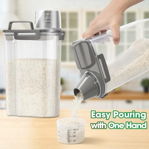 TBMax Rice Container Cereal Storage Container 2 Pack 5 Lbs, Kitchen Pantry Dry Food Storage Holder with Easy-Pouring Spout & Handy Cup, Small Pet Dog Cat Food Dispenser for Daily Feeding -Grey - Image 2