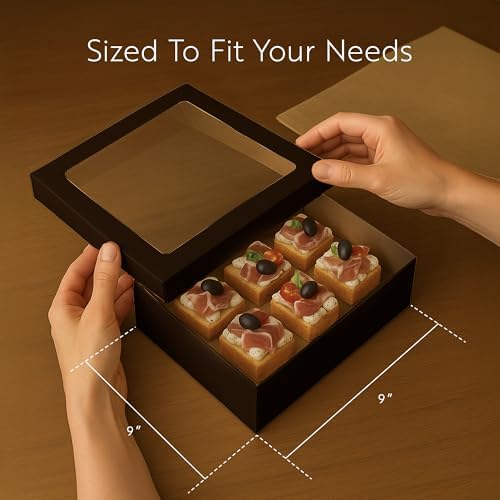 Restaurantware Catering Box With Lid 100 Count 9.02 x 8.98 x 2.36 Inch Paper Square Disposable Food Packaging Box, Square Grease-Resistant Tab-Lock Black Container for Meal Prep - Image 2